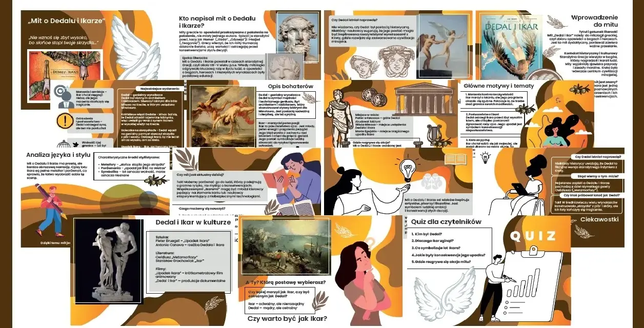 Grafika przedstawia materiał edukacyjny "Mit o Dedalu i Ikare", zawierający tekst, ilustracje i quiz.