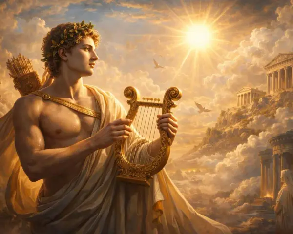 Apollo, bóg słońca i muzyki, z lirą w dłoniach, na tle niebiańskich krajobrazów. Mit o Apollo ożywa w blasku słońca.