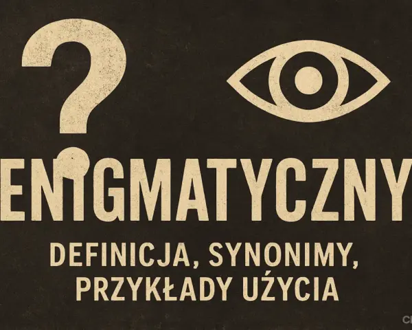 Enigmatyczny znak zapytania i oko nad napisem "ENIGMATYCZNY". Pod spodem definicja, synonimy, przykłady użycia.