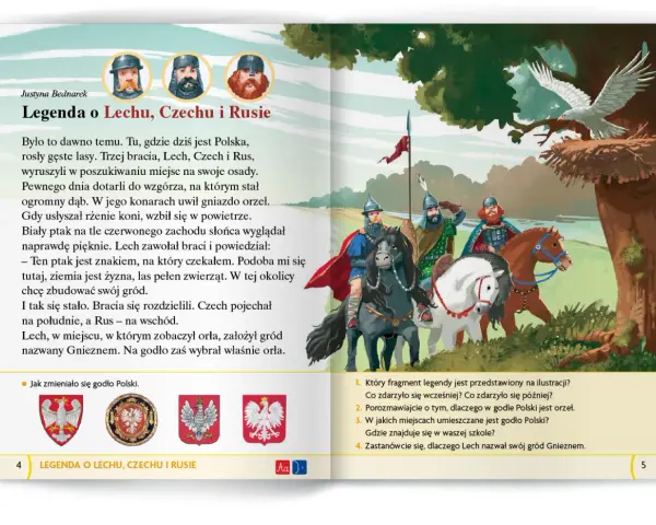 Ilustracja do baśni o Lechu, Czechu i Rusie. Trzej bracia na koniach podziwiają orła na drzewie.