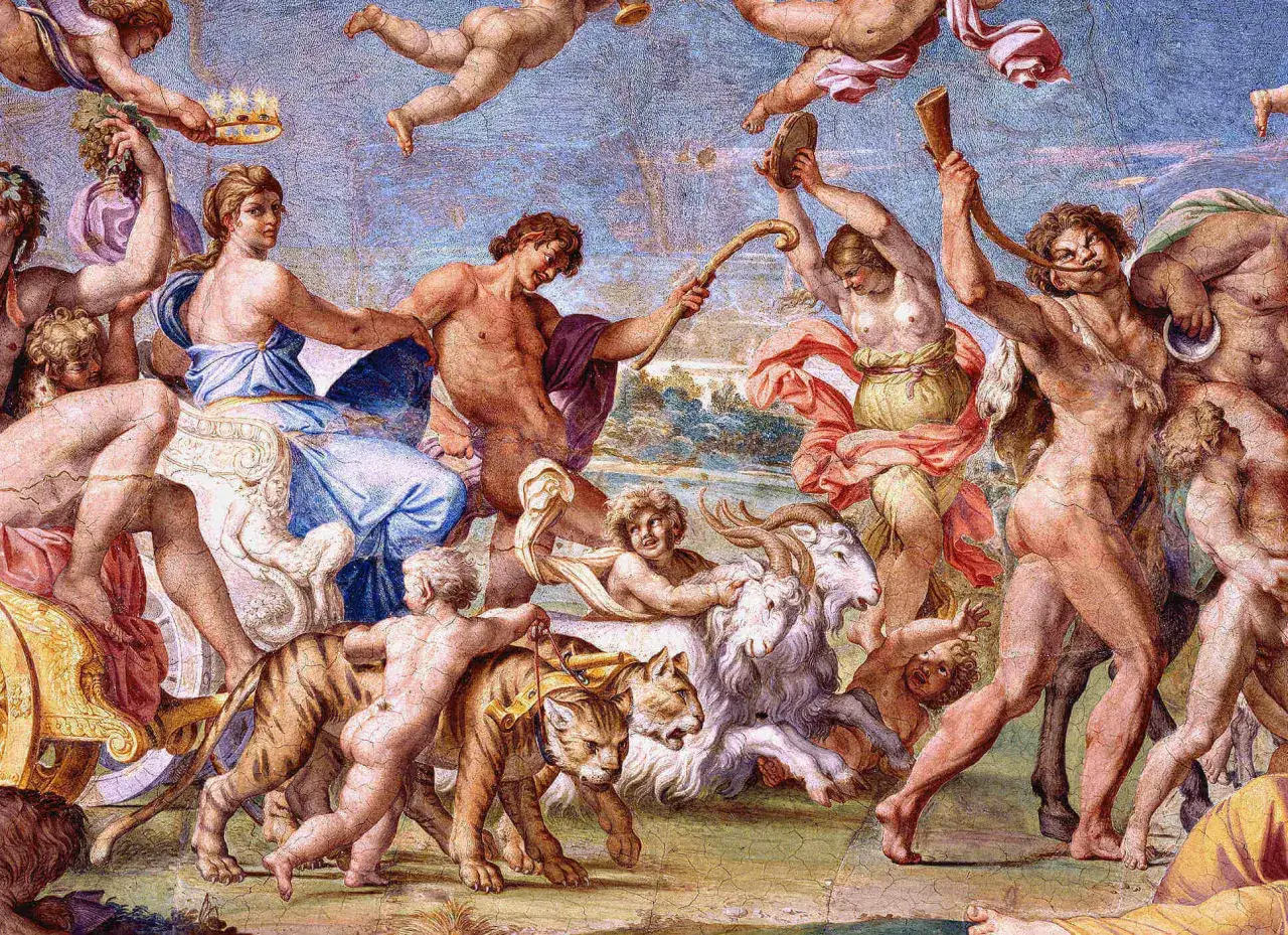 Triumfalny pochód postaci z mitologii, w tym bogini z koroną, ludzi i zwierząt, jak tygrysy i koza.
